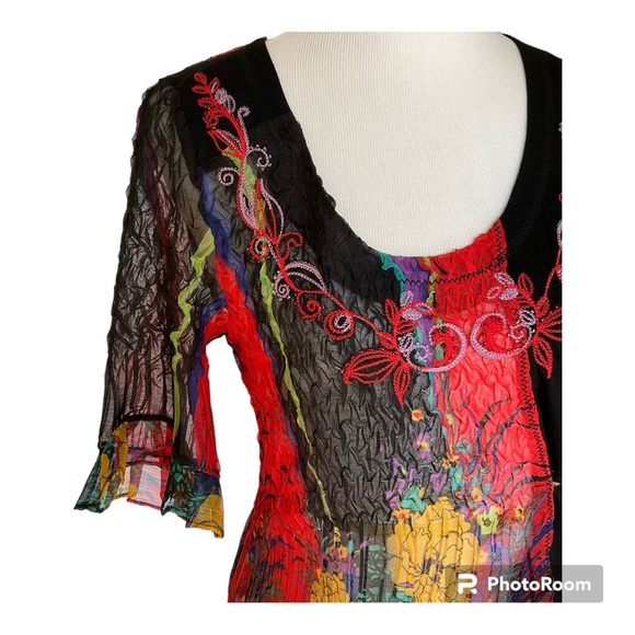 SOLD Alberto Makali Embroidered Top Black Multicolor Floral L - Picture 5 of 10